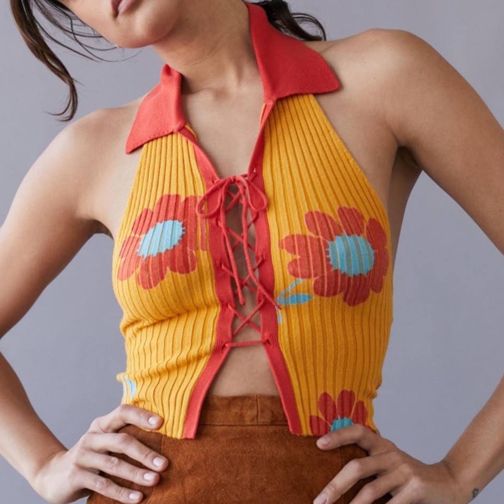 Urban Outfitters Yellow Ribbed Halter Crop Top with Red Trim and Floral Print